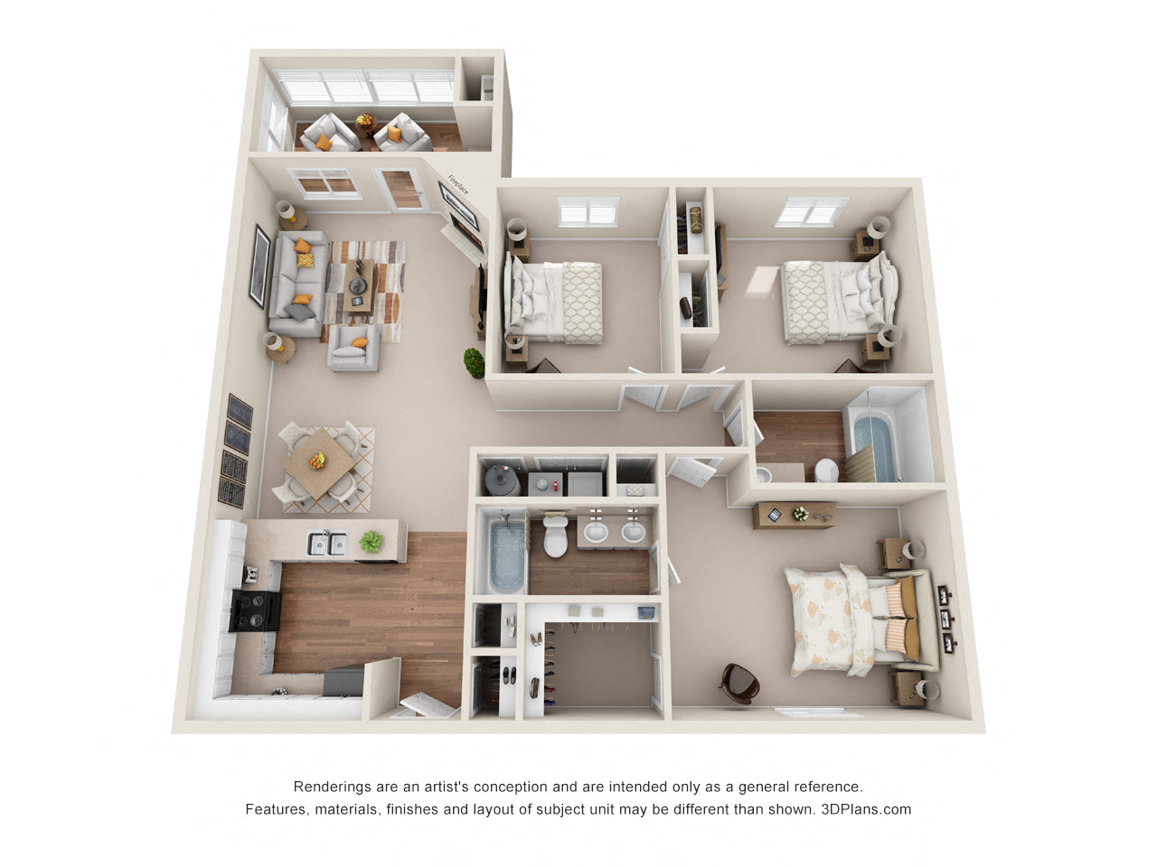 Floor plan for 3 beds, 2 baths, 1516 sqft